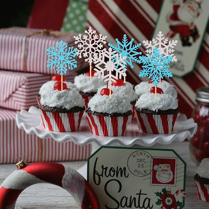 36 PCS Snowflake Cupcake Toppers Glitter Winter Frozen Theme Cupcake Picks for Winter Wonderland Snowflake Theme Baby Shower Kids Birthday Christmas Party Cake Decorations Supplies Silver Blue
