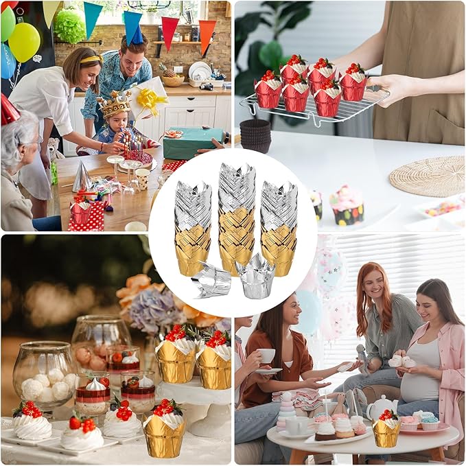 uxcell 100 Pcs Tulip Cupcake Liners, Muffins Liners Aluminum Foil Cupcake Wrappers Baking Cups Muffins Liners for Wedding Birthday Party Supplies, Gold/Silver