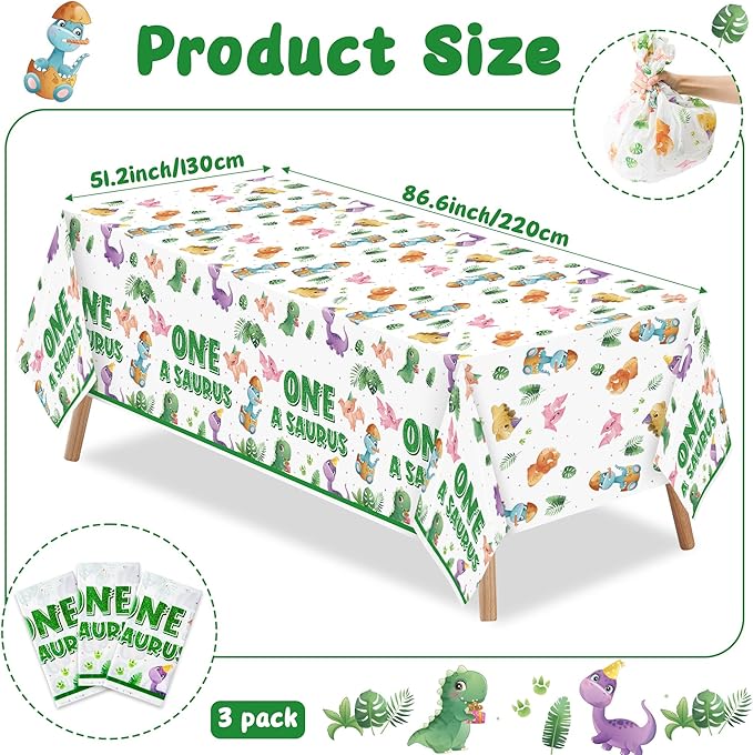 Dinosaur 1st Birthday Party Tablecloths - 3Pcs One A Saurus Party Table Cover Decorations, Dinosaur Themed Rectangular Plastic Disposable Table Cloth Decor for Boys Girls First Birthday Baby Shower