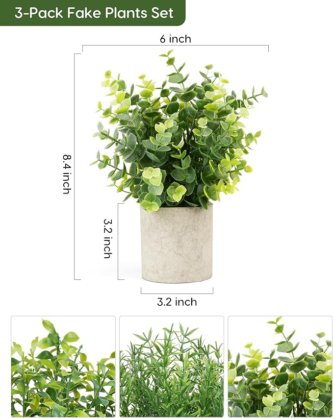 Velener 3 PCS Small Fake Eucalyptus Plant Artificial Potted Plants Indoor for Desk, Shelf, Home Decor Realistic Faux Plant for Office, Bathroom/Living Room Decoration (Sage Green)