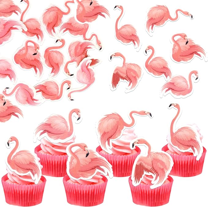 60 Pack Edible Flamingo Cupcake Toppers Wafer Paper Tropical Aloha Luau Cupcake Picks Holiday Flamingo Summer Hawaiian Beach Cake Decorations for Summer Theme Baby Shower Birthday Party