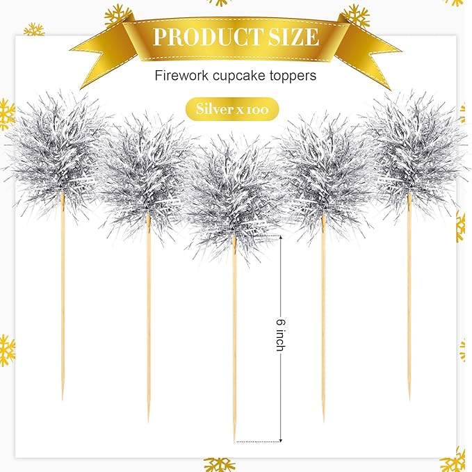 Chinco 100 Pcs Foil Firework Cupcake Toppers Sparkle Tinsel Cake Toppers Cake Decoration Cocktail Fruit Toothpick for Birthday Wedding Graduation Party(Silver)