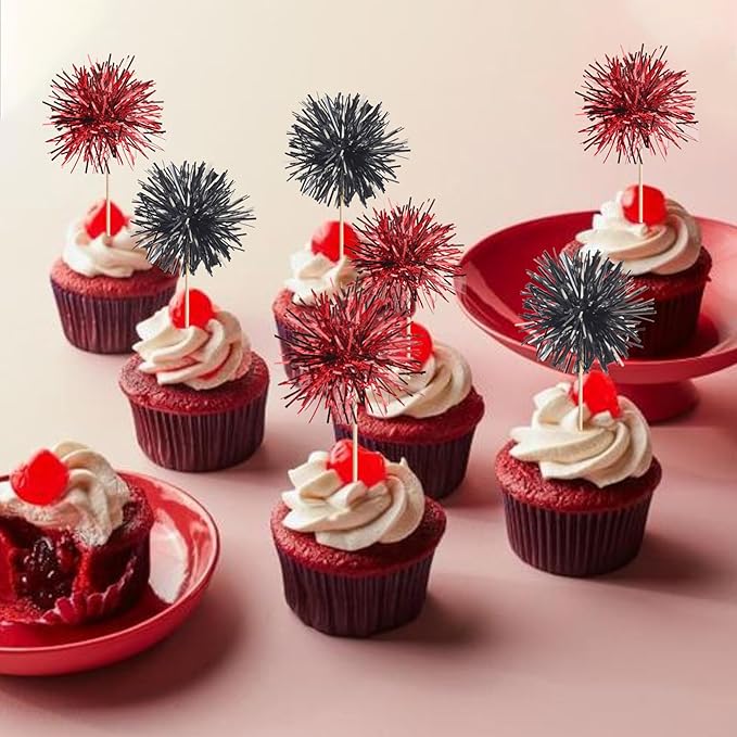 40 PCS Foil Firework Cupcake Toppers Sparkle Tinsel Cupcake Picks Fireworks Birthday Party Decorations Cocktail Fruit Toothpick for Birthday Wedding Graduation Party Decorations Supplies Black Red