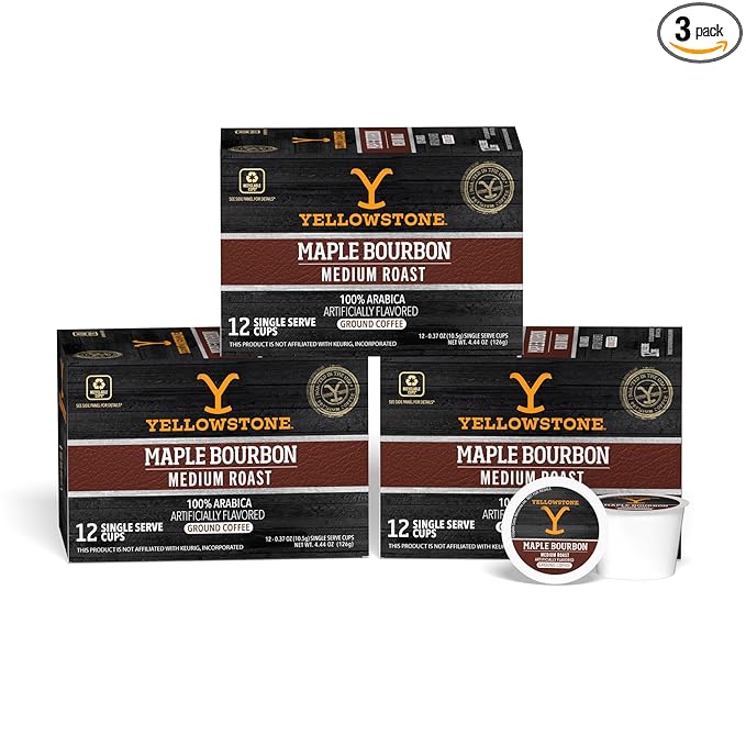 Yellowstone Maple Bourbon Medium Roast Coffee, Single Serve Recyclable Pods/Cups, 100% Arabica Beans, 36 Count