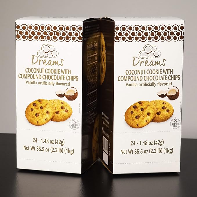 Coconut Cookie with Compound Chocolate Chips – Vegan Snacks, Gluten-Free, Protein and Nutrient Packed – DREAMS COCONUT – 1 box with 24 units (x 1.48oz/42g), 35.52oz/ 1008g