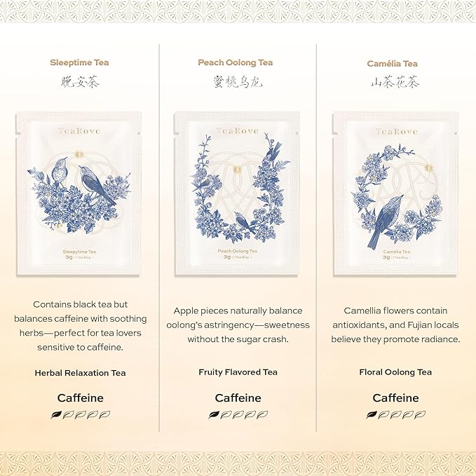 TeaRove Assorted Tea Gift Box - Toile de Jouy Bird Collection, Chinese Whole-Leaf Tea Smapler Variety Pack, Black, Oolong, Jasmine Green & Herbal Teas, Hot or Iced, Self Care Gifts for Teas Lovers
