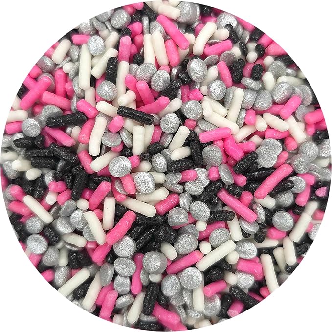 NCS Pink, Black, White Jimmies and Silver Sequin Edible Sprinkles, 8 ounces - Great for Cupcakes, Cookies, Cakes, Cakes Pops, Donuts