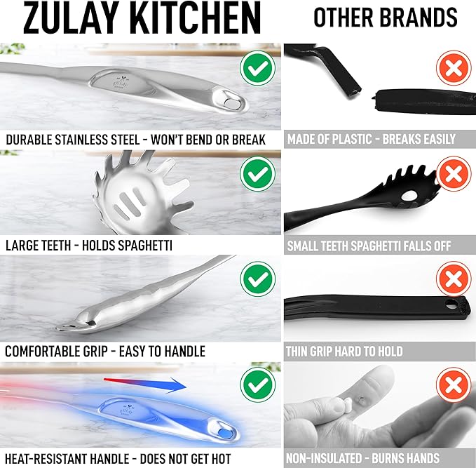 Zulay Kitchen Premium Stainless Steel Spaghetti Server ??Pasta Fork with Teeth ??Easy to Use & Clean Pasta Utensil ??12??Pasta Server