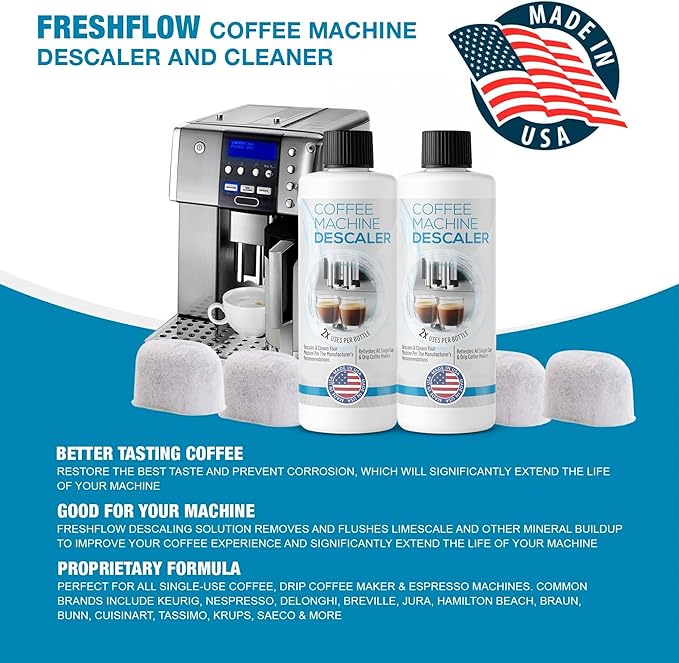 Keurig Compatible Descaling Solution - Descaler Cleaner Concentrate Kit For All 1.0 & 2.0 K-Cup Pod Machines and Espresso Machines - (2 Bottles, 4 Uses Plus 4 Filters)
