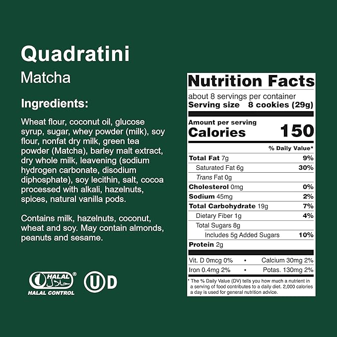 Loacker Quadratini Matcha Wafer Cookies LARGE - 30% Less Sugar - Premium Crispy Bite Size Wafers - NON-GMO - LARGE Pack of 6