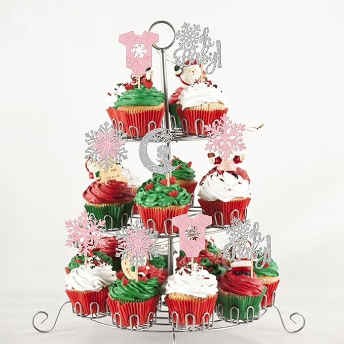 30 PCS Snowflake Oh Baby Cupcake Toppers Glitter Winter Sweater Moon Snowflake Cupcake Picks It's a Girl Cake Decorations for Baby Shower Kids Birthday Christmas Party Supplies Silver Pink