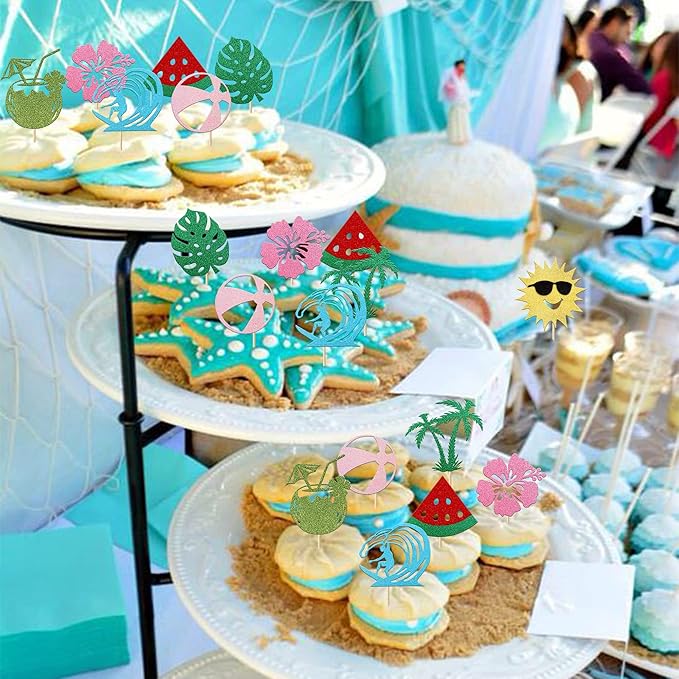 24 Pack Summer Beach Cupcake Toppers Sun Umbrella Ball Watermelon Water Gun Slippers Cupcake Picks Hawaiian Pool Theme Baby Shower Birthday Party Cupcake Decoration Supplies