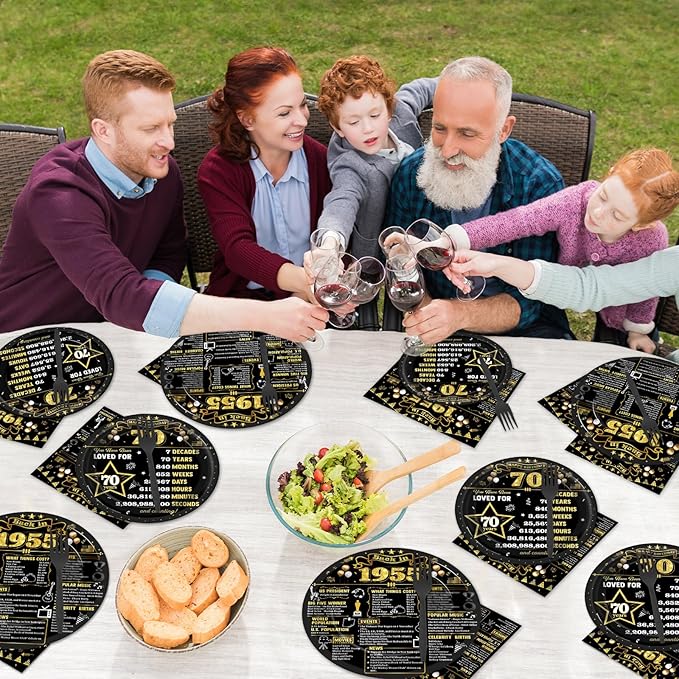 96Pcs 70th Birthday Plates and Napkins Back in 1955 Party Decorations Black Gold 70 Year Old Party Dessert Plates 1955 Tableware for 24 Guests 70th Theme Men Woman Birthday Supplies