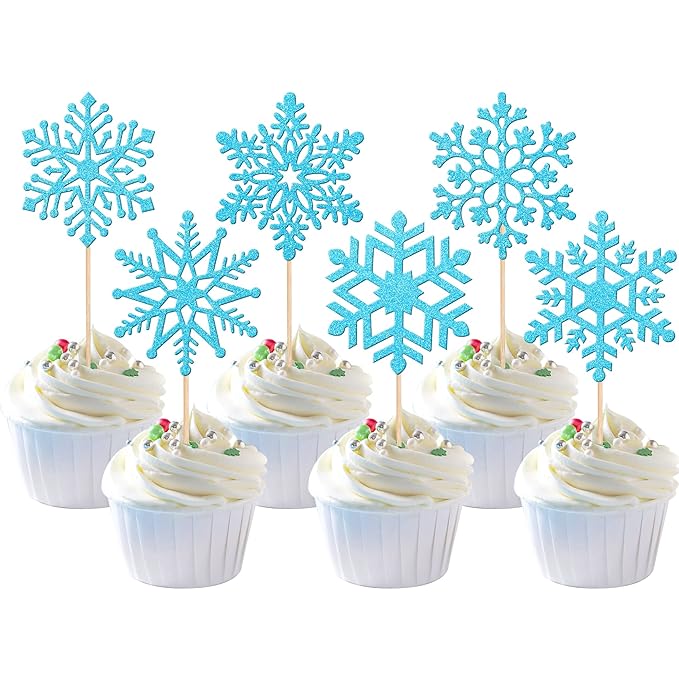 36 PCS Snowflake Cupcake Toppers Glitter Winter Frozen Theme Snowflake Cupcake Picks Winter Wonderland Cake Decorations for Baby Shower Kids Birthday Christmas Party Supplies Blue