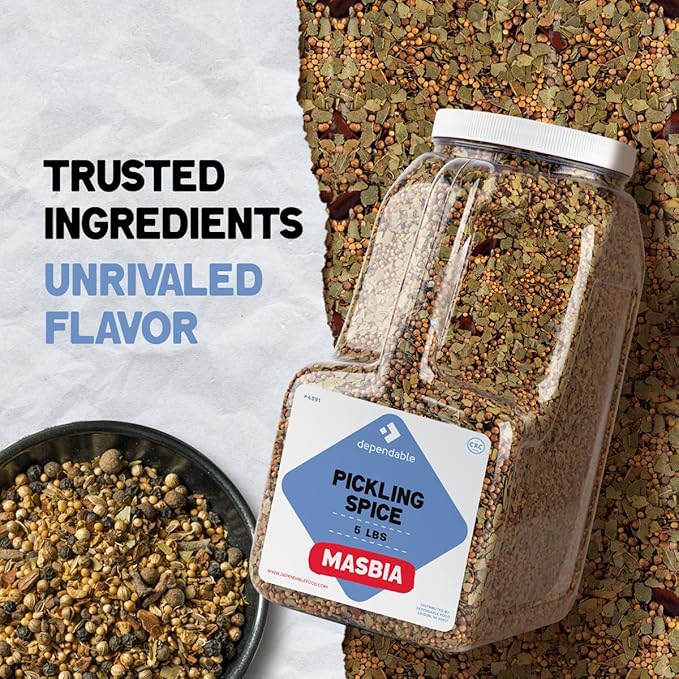 Dependable Food Pickling Spice - 5 Lb. Jar - Bulk Size - Kosher Premium Pickling Seasoning for Chefs & Restaurants - Non-GMO Pickling Spice Mix for Vegetables, Corned Beef, Canning Pickles, & More - Flavorful Pickle Spice