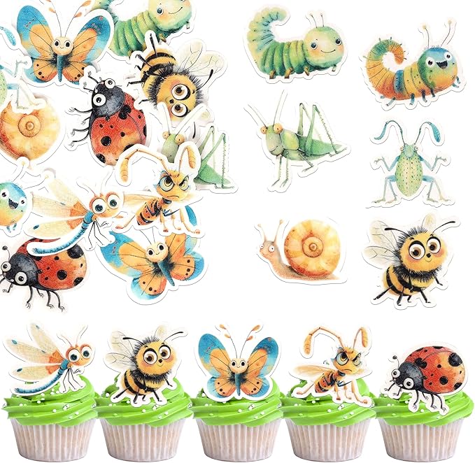 60 Pack Edible Green Caterpillar Cupcake Topper Wafer Paper Nature Insect Hungry Caterpillar Dragonfly Cupcake Picks Happy Birthday Anniversary Wedding Cake Decorations Party Color 1