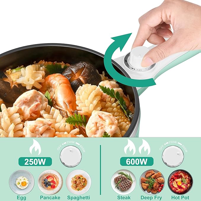 Dezin Hot Pot Electric Upgraded, Non-Stick Saut챕 Pan, Rapid Noodles Electric Pot, 1.5L Mini Portable Hot Pot for Steak, Egg, Fried Rice, Ramen, Oatmeal, Soup with Power Adjustment