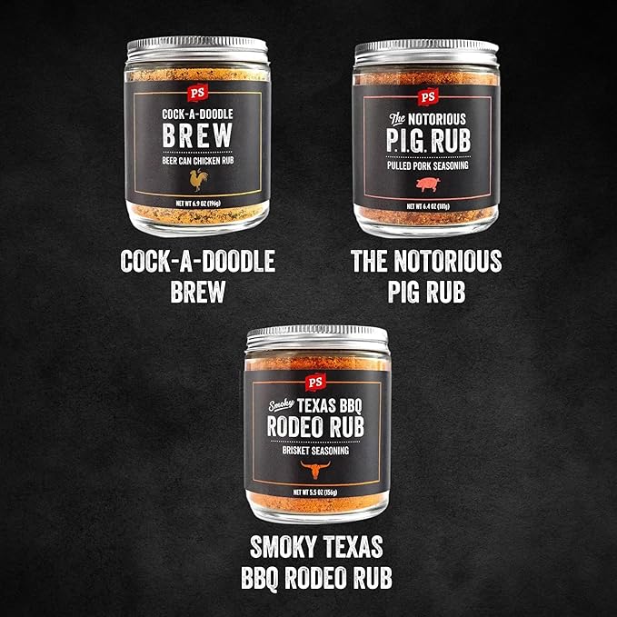 PS Seasoning Dry BBQ Rub Variety Pack - Notorious PIG, Cock-A-Doodle Brew, Texas Rodeo - BBQ Seasoning & Rubs for Smoking and Grilling Gift Set - Grilling Spices for Steaks, Pork, Beef, Chicken
