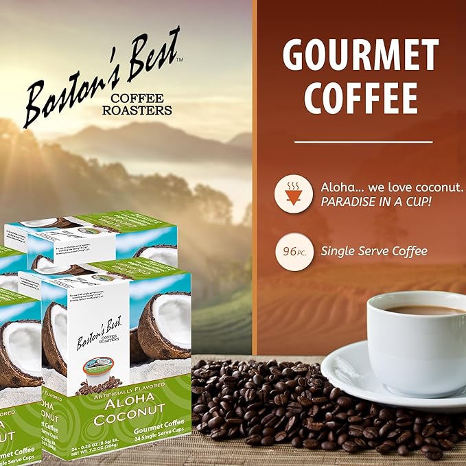 Bostonโs Best - Aloha Coconut Flavored Delicious Gourmet Coffee Compatible with Keurig Coffee Maker, 24 Count (Pack of 4)