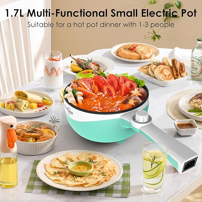 Audecook Hot Pot Electric, 1.7L Mini Electric Skillet Portable Nonstick Saut챕 Pan with Power Adjustment,Ramen Cooker Travel Multicooker for Steak/Soup/Egg/Oatmeal/Noodles