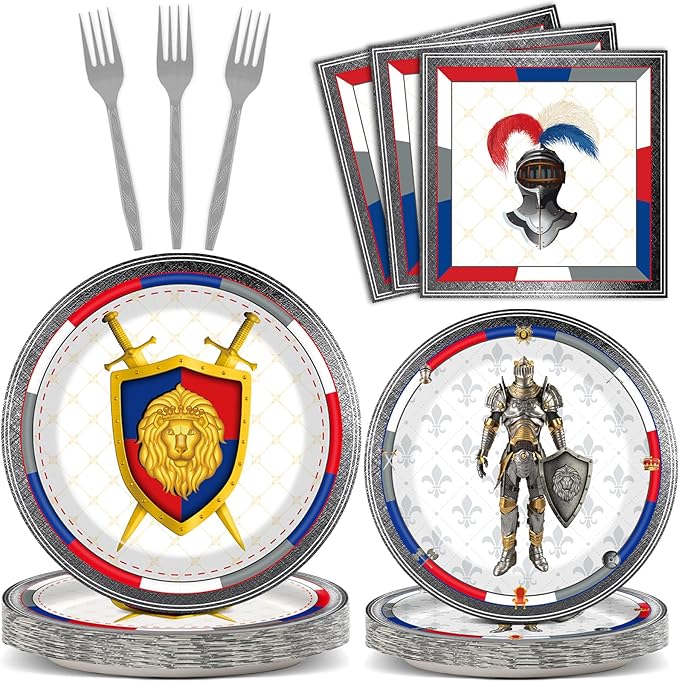 chiazllta 96 Piece Medieval Party Decorations Castle Birthday Paper Plates and Napkins Knights Party Birthday Supplies Favors for Boys and Girls, Medieval Party Decor Serves 24