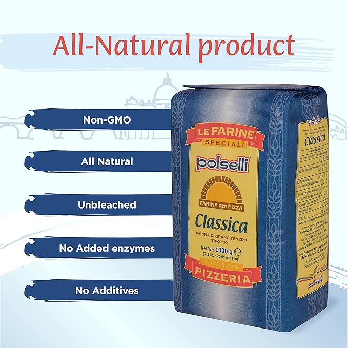 POLSELLI 2 PACK, Classica, Type 00 Flour, Tipo OO, All Natural, No Additives, Unbromated for Pizza, Bread, Pasta, and Baking, 2 pack x 1 kg (2.2 lbs)