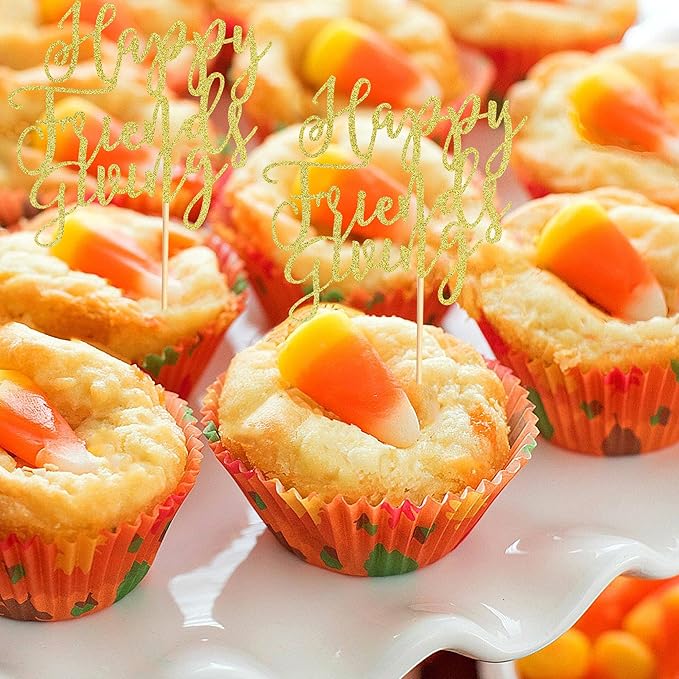 24Pcs Happy Friendsgiving Cupcake Toppers Fall Theme Thanksgiving Cupcake Picks Give Thanks Cake Decorations for Happy Thanksgiving Day Theme Birthday Party Supplies - Gold Glitter