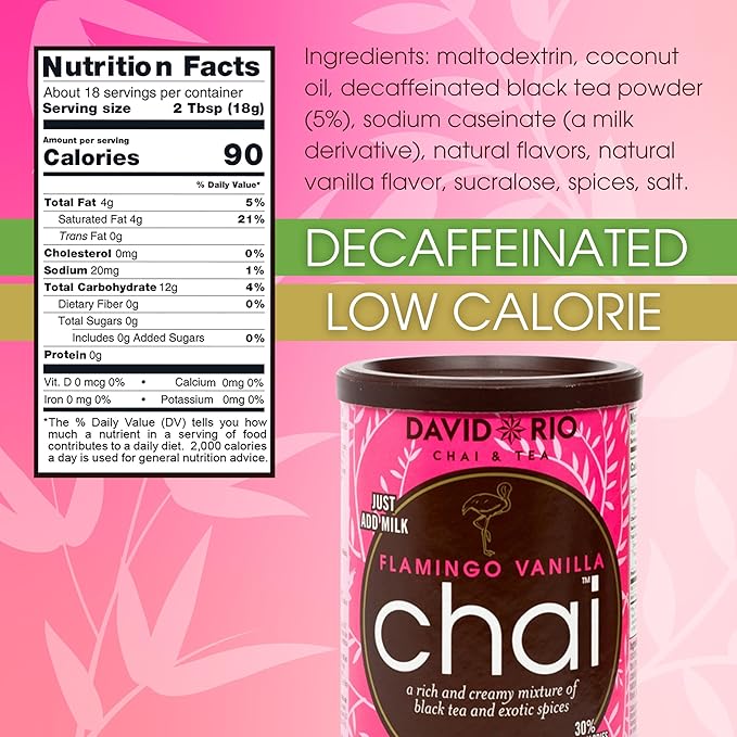 Reduced Calorie Orca Spice + Decaf Flamingo Vanilla Chai Tea Latte Mix (2 Pack) Decaf Black Tea, Organic Spices, Dairy Free, Serve Hot or Cold, Just Add Water or Milk