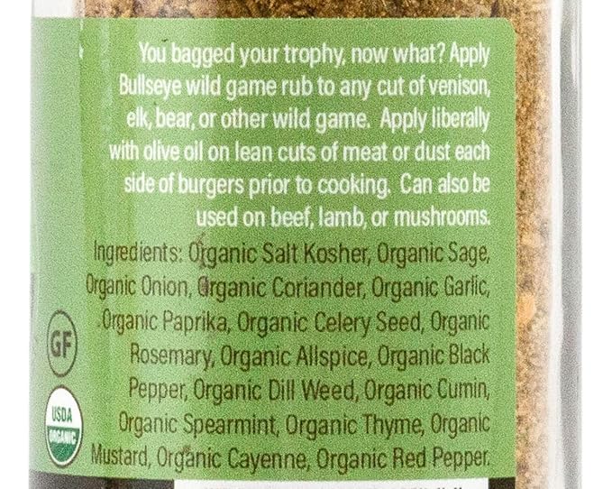 Flavor Seed Bullseye Organic Wild Game Rub - Premium Seasoning for Venison, Elk, Duck, and More - Meat Seasoning Gift for Hunters - Gluten-Free, Non GMO, No MSG, Keto Friendly – 2 oz Shaker Jar
