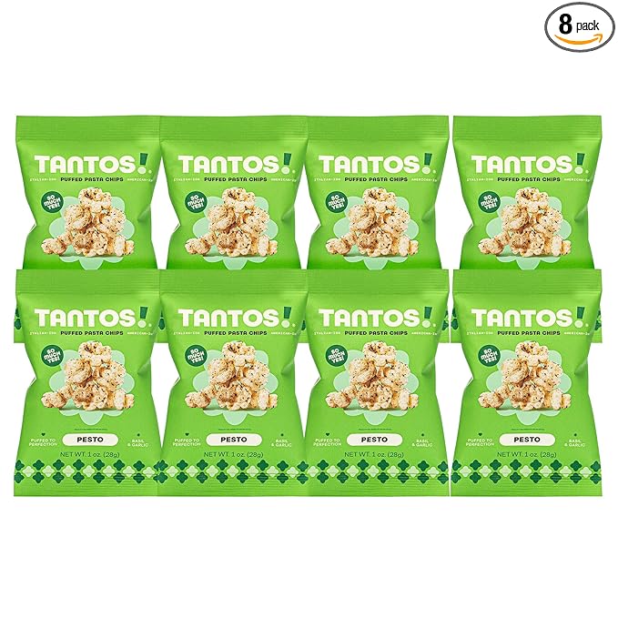Tantos! Puffed Pasta Chips ??Healthy Pasta Snack by Top Chef Joe Sasto ??Plant-Based, Low Calorie, Crunchy Chips ??Variety Pack ??Marinara, Pesto, Cacio e Pepe, Classico ??Gourmet Bold Flavors (1 oz 8 Pack, Pesto)