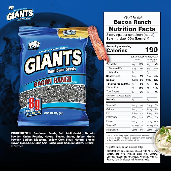 Giants Bacon Ranch Sunflower Seeds Bulk - Flavored Sunflower Seed Snack, Roasted Sunflower Seeds to Eat - 5 oz Resealable Bags (Pack of 12)