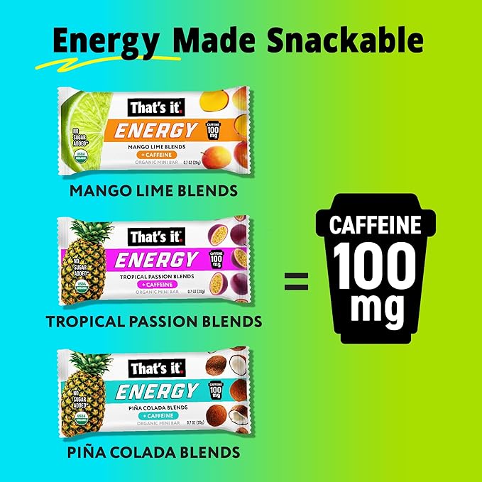 That?™s it. Fruit Blends Energy Mini Bars | 100mg Natural Caffeine | 18-Count Variety Pack| 5 each of Tropical Passion, Mango Lime, Piña Colada