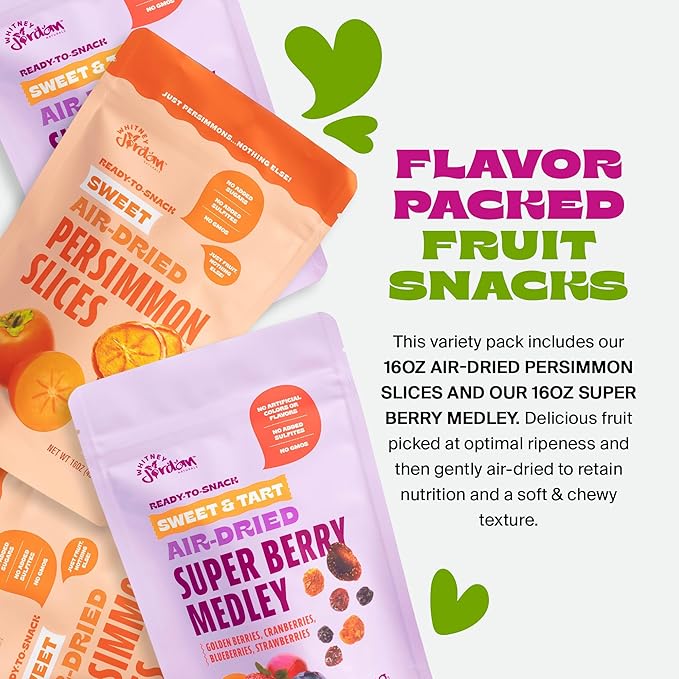 Whitney Jordan Naturals Air-Dried Fruit Variety Pack | 2 Individual Packs ??Super Berry Medley & Persimmon Slices | Gluten-Free, Non-GMO, Vegan Snack | Real Fruit for Clean Snacking | 32 Oz