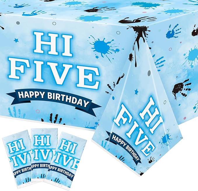 3Pcs Hi Five Party Tablecloths - Blue High 5 Year Old Party Table Covers Decorations 5th Birthday Rectangular Plastic Disposable Table Cloth Decor for Kids Five Years Old Birthday Baby Shower Supplies