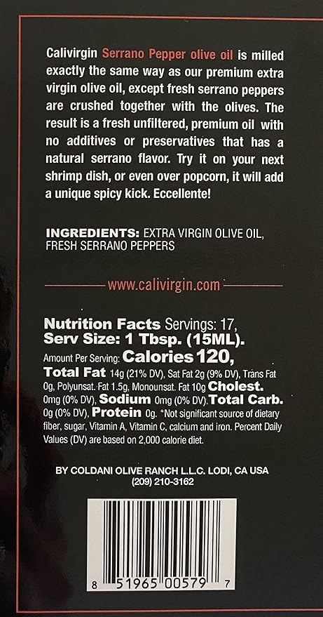 Calivirgin Serrano Pepper Olive Oil - Spicy Infused Extra Virgin Olive Oil - Cold Pressed Olive Oil - Spicy Flavored Olive Oil - No Preservatives - Gourmet Olive Oil - Organically Grown Olives - 250ml