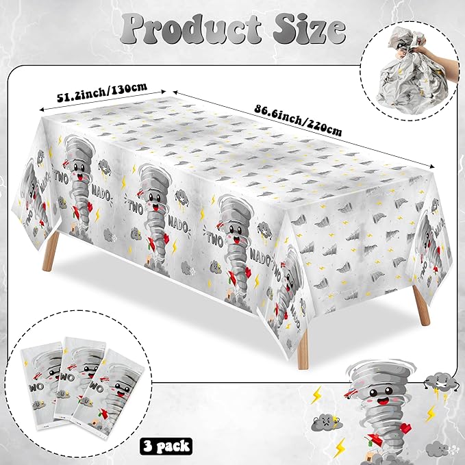 3Pcs Two Nado Party Tablecloths - Gray Tornado Birthday Party Table Covers Decorations, Cute Two Nado Themed Rectangular Plastic Disposable Table Cloth Decor for Baby Girls 2nd Birthday Baby Shower
