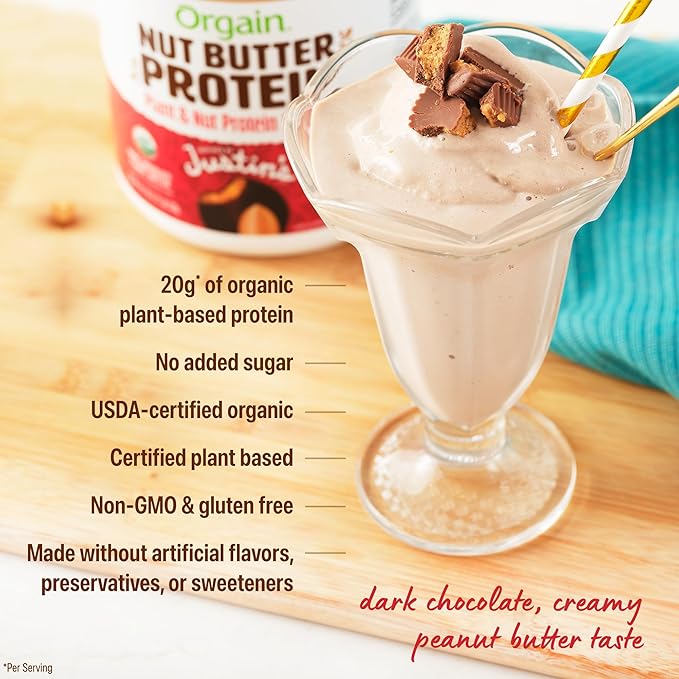 Orgain X Justin's 짰 Organic Vegan Nut Butter Protein Powder, Chocolate Peanut Butter- 20g Plant Protein, 1g Sugar, Gluten Free, No Dairy, Soy Ingredients, or Artificial Flavors, 1.17 lb