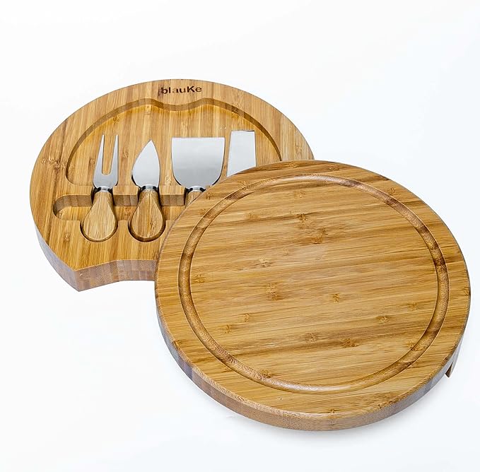 BlauKe Bamboo Cheese Board and Knife Set - 10 inch Round Charcuterie Board, Serving Tray, Platter, Wood Cheese Set - Gift Idea