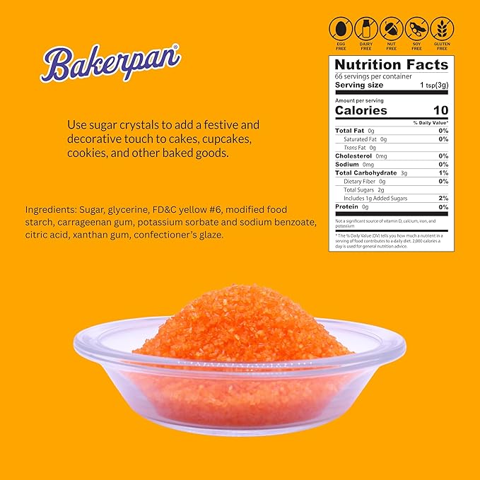 Bakerpan Sugar Sprinkles for Baking - 7 Ounce Orange Decorating Sugar Crystals for Cookies, Cake Pops, Ice Cream (Made in USA)