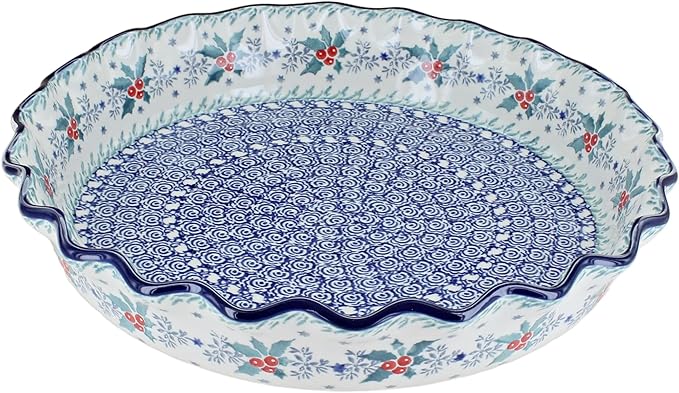 Blue Rose Polish Pottery - Blue December Joy Pie Plate - 10" Diameter - Ceramic Baking Dish, For Pies, Quiches & Desserts