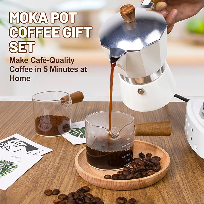 7-in-1 Moka Pot Espresso Set with Electric Stove 3 Cup Aluminum Stovetop Coffee Maker Percolator Italian Classic Mocha Coffee Machine with Hand Grinder Sealing Canister Spoon Portable Camping