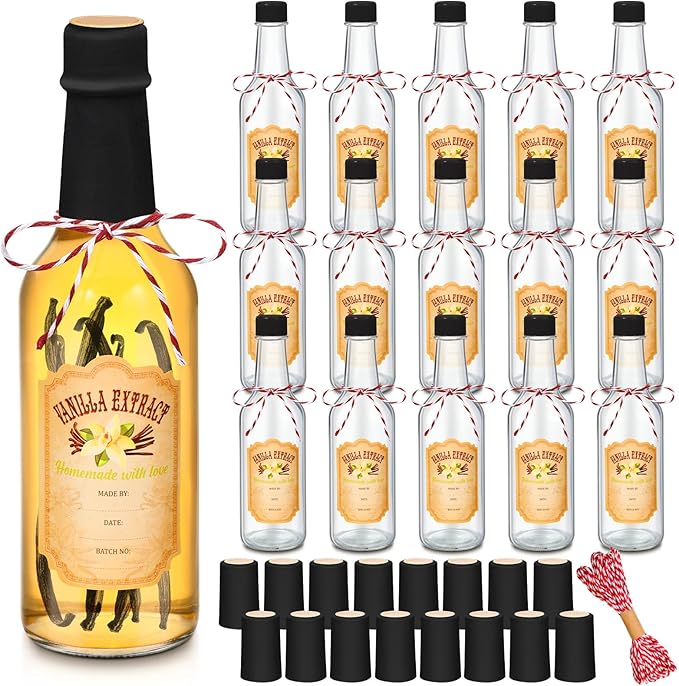 Tioncy 16 Pcs Vanilla Extract Bottles for Homemade Vanilla Jar Glass Bottle with Cap, Shrink Band, Sticker Syrup Gift Food Storage Canister for Bean Sauce Spice(Black,8.5 oz)