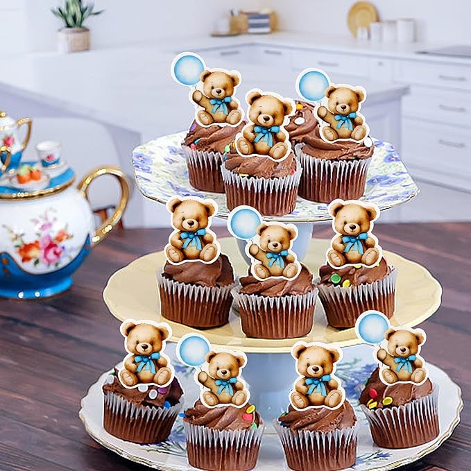 40 PCS Edible Baby Shower Bear Cupcake Toppers Drink Topper Selection Baby Bear Theme Baby Shower Decorative Supplies Jungle Animal Theme Birthday Party Cake Decorative Supplies Blue