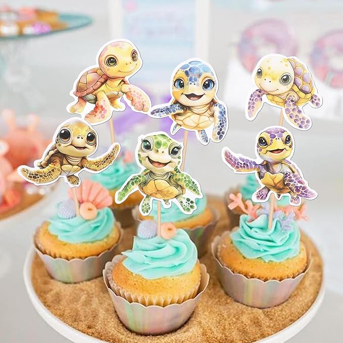 36 Pack Turtle Cupcake Toppers Sea Animals Turtle Cupcake Picks Sea Animals Theme Cupcake Decoration for Baby Shower Kids Birthday Party Decoration Supplies