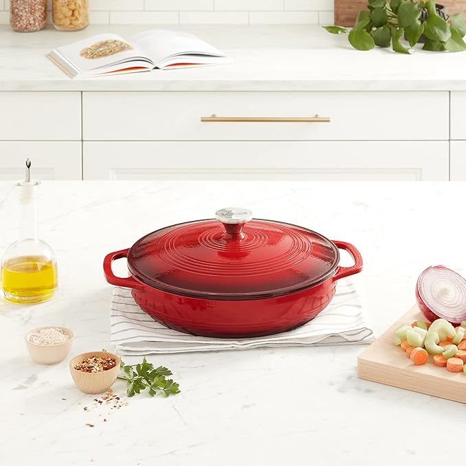 Lodge 3.6 Quart Enameled Cast Iron Oval Casserole With Lid??Dual Handles ??Oven Safe up to 500ì§?F or on Stovetop - Use to Marinate, Cook, Bake, Refrigerate and Serve ??Island Spice Red