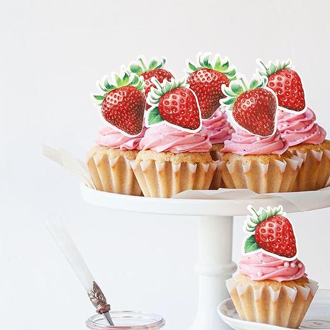 60 Pack Edible Sweet Strawberry Cupcake Toppers Rice Paper Wafer Paper First Birthday Strawberry Cake Picks for Fruit Baby Shower Birthday Berry Sweet Kids Birthday Cake Decorations