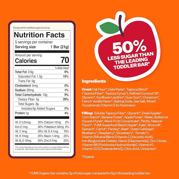 Yumi Organic Toddler Snacks Bars - Gluten-Free, No Added Sugar, 7+ Vegetables, Soft-Baked Crust, Yumi Bars Healthy Toddler Organic Snacks - School Safe for Lunch Boxes, Apple Cinnamon & Squash (30ct.)