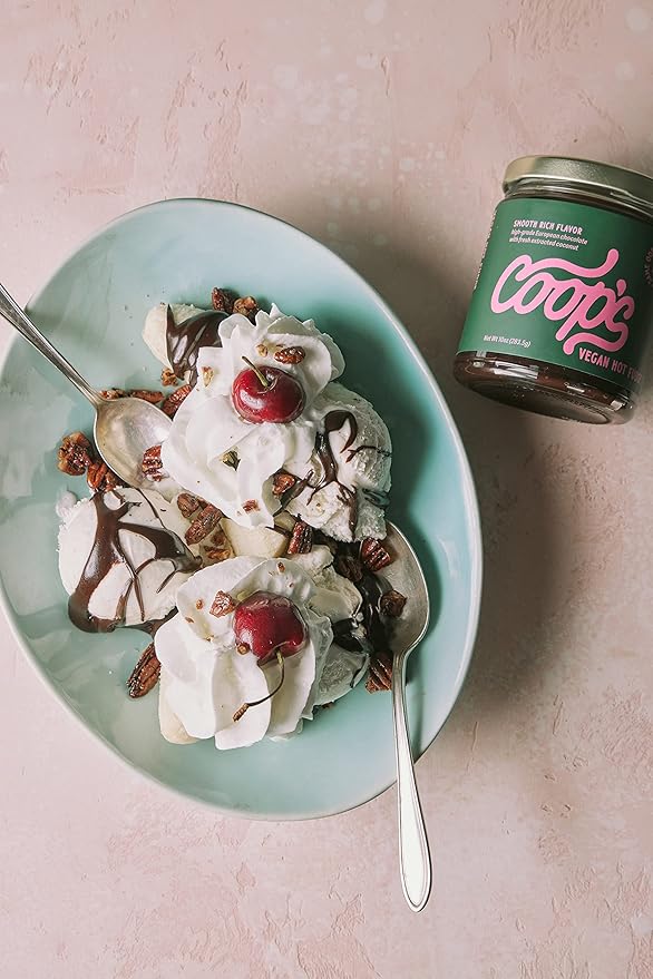 Coop's Vegan Hot Fudge Sauce 10.6 OZ - Gluten Free Vegan, Kosher, Non GMO, Gourmet, All Natural, Plant Based Dairy Free Whipped Topping for ICecream, Sundae, Panckaes, Milshake and more