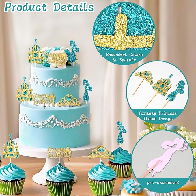 24Pcs Lake Blue Princess Cupcake Topper Glitter Castle Gold Happy Birthday Cupcake Toppers Crown Cake Decorations for Princess Birthday Baby Shower Costume Halloween Party Decor