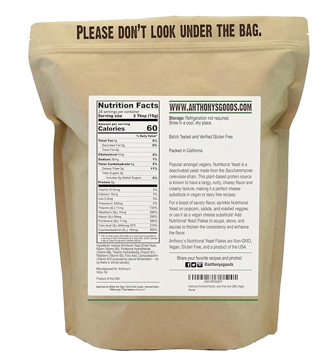 Anthony's Premium Nutritional Yeast Flakes, 1 lb, Fortified, Gluten Free, Non GMO, Vegan